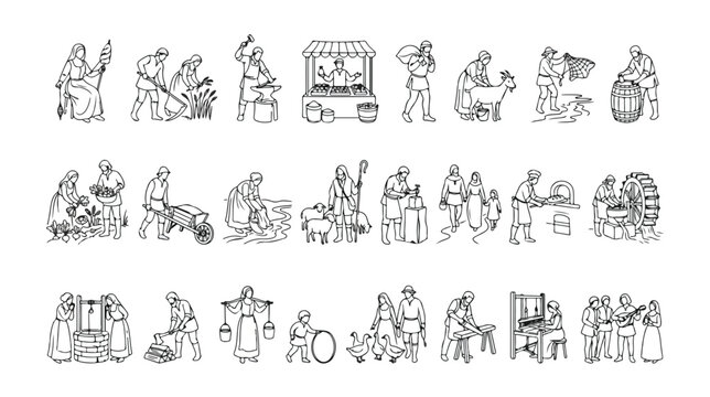 Medieval village life line art icons, set of 24 historical peasant and artisan characters, vintage middle ages people vector illustrations