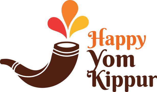 Happy yom kippur greeting with a brown shofar horn and colorful abstract flame shapes on a white background