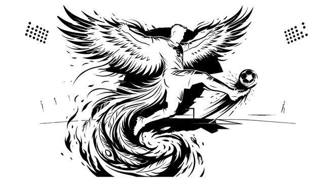 Powerful football striker silhouette rising like a phoenix while taking a shot