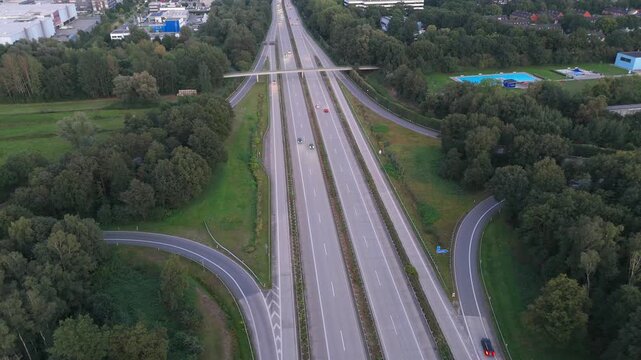 Autobahn cloverleaf interchange aerial top down view Bremen Germany