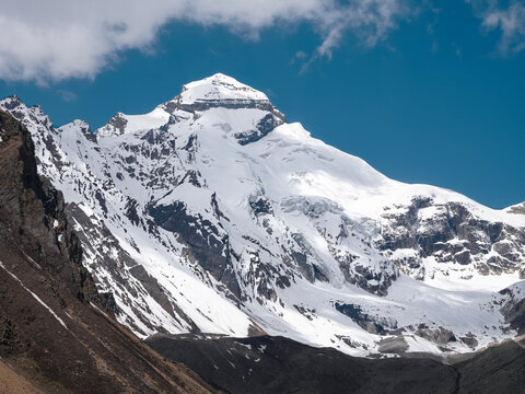 Scenic view of Adi Kailash mountain peak in Uttarakhand, India, with snow-covered Himalayan landscape under a clear blue sky.