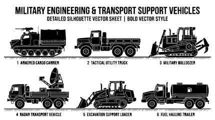 Obraz premium Military Engineering and Transport Support Vehicles Detailed Silhouette Vector Sheet.