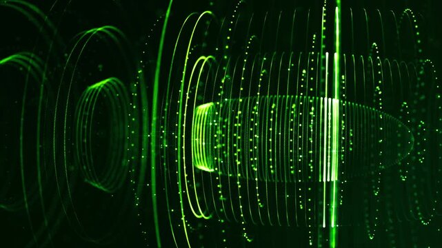3d render vj loop Viridian data tunnel streams through cylinder. Scifi d render with vertical beams, node grids, flowing particles, cinematic cyber atmosphere ideal for tech promos, interfaces
