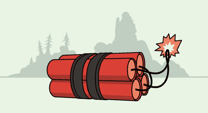 Red TNT dynamite vector bundle with burning fuse and spark