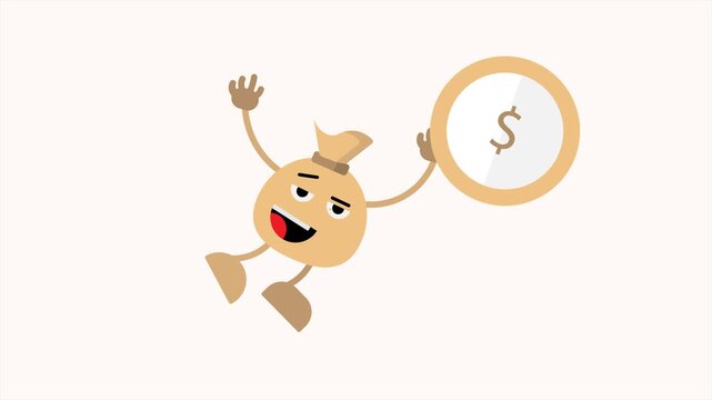 4k animation cartoon money bag running to grab and carry dollars