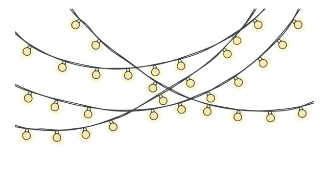 Hanging string lights vector, glowing yellow fairy lights on black wires, festive party light bulbs for wedding and holiday celebration decor