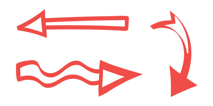 Hand drawn crayon movement arrow collection. Grunge squiggly arrow set. Pencil chalk lines sketch. Red brush scribble element set. Doodle vector illustration.