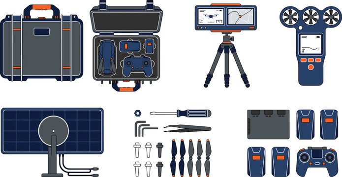 Professional Drone Accessories and Field Kit Equipment Vector Elements Set with Protective Hard Case