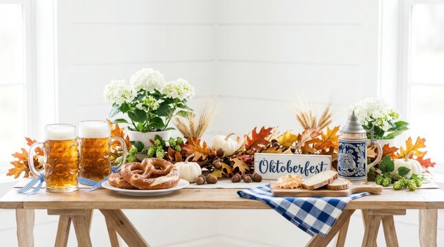 Oktoberfest celebration with beer, pretzels, and autumn decorations