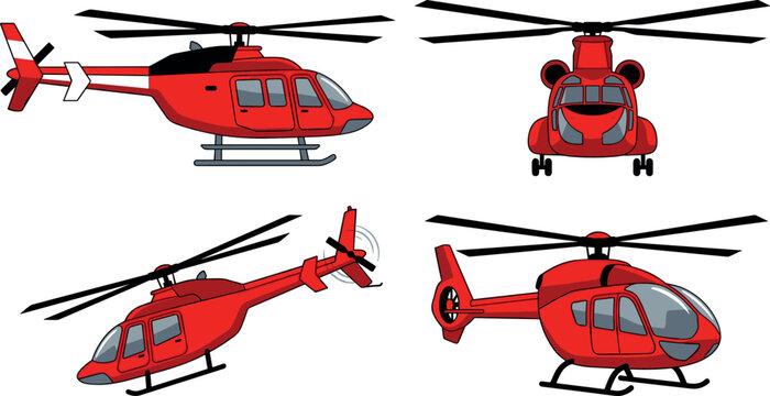 Red Rescue Helicopter Vector Illustration Set with Multiple Angles, Emergency Medical Chopper Views, Transport Aircraft, and Aviation Graphic Designs