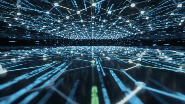 Abstract Digital Network With Glowing Nodes And Streaming Binary Code In A Futuristic Virtual Space