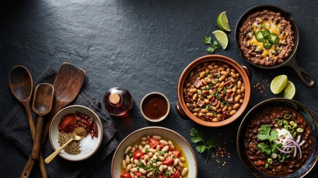 Assortment of hearty bean dishes and spices on a dark slate surface