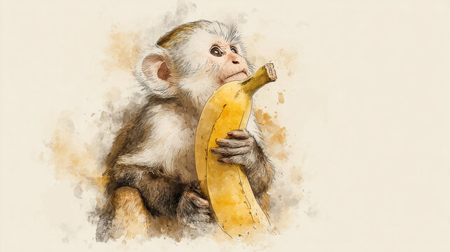 Watercolor monkey with on white background, perfect for nursery textile and children's watercolor illustration prints