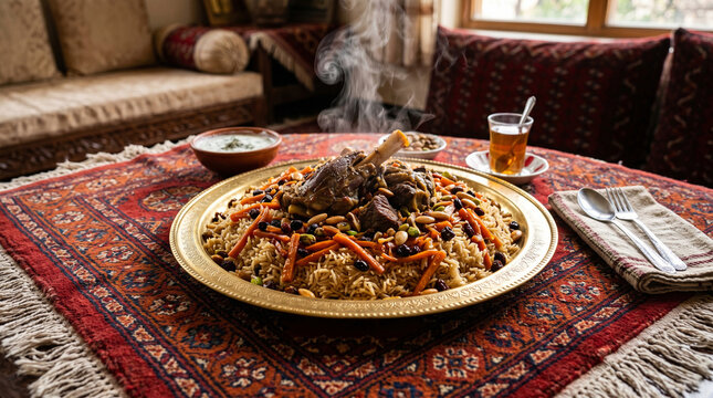 Traditional Afghan Kabuli pulao rice dish with lamb on carpet