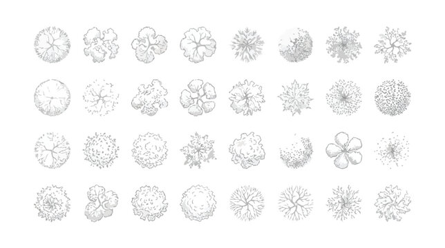 Architectural tree symbols for landscape design, set of 32 hand drawn top view plant icons, minimalist outline vegetation for site plan rendering