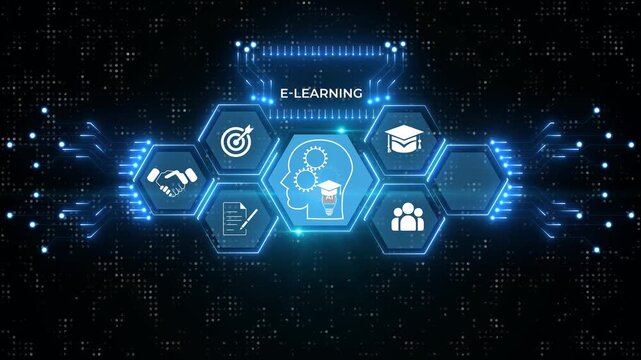 E learning technology concept. Online education, webinar, online courses..AI and machine learning enhance personalised learning. Digital training to employee, learning of concept.