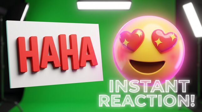 Digital laughing emoji with red eyes and hearts reacting to bold 'haha' text in a bright green screen environment.