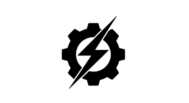 Minimal black silhouette icon, simple flat vector, bold black shape, no, no shading gear icon with lightning bolt symbol on a, flat icon style