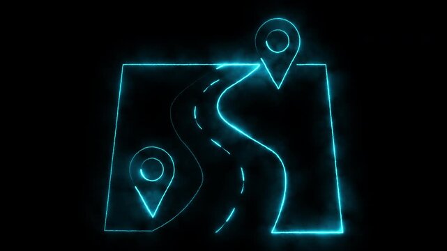 Neon map icon animation with blue glowing electric energy lines and road navigation point graphics.
