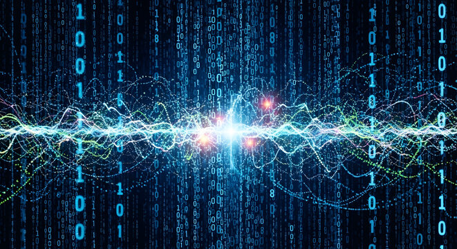 Binary Code Stream with Glowing Data Waves, Futuristic Digital Technology Background