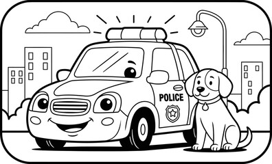 Cute police car with smiling dog companion in city setting © MdLatifur