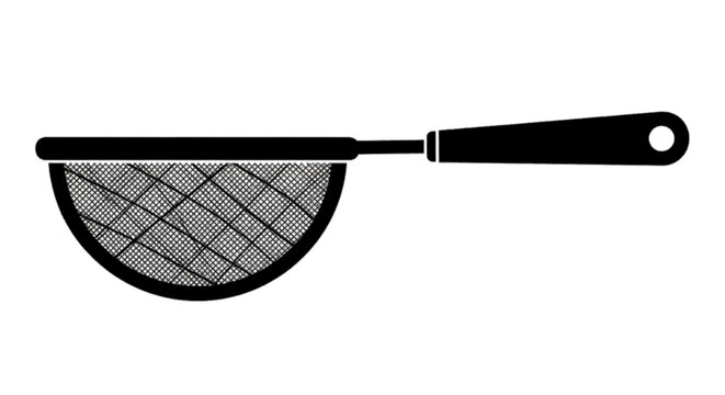 Minimal black silhouette icon, simple flat vector, bold black shape, no, no shading black kitchen sieve or mesh strainer on a, flat icon style