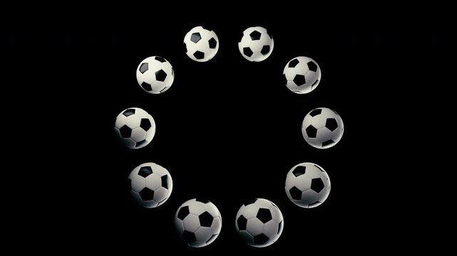 3D soccer balls rotating in a ring formation with copy space and transparent background alpha channel, seamless loop for sport broadcast and football event content 16:9