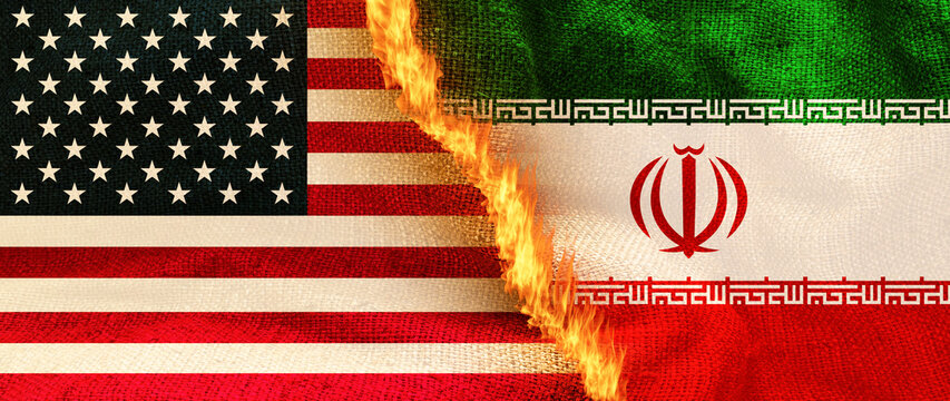 National flags of USA and Iran Conflict. Tension between america and iran flags on fire, Cracks Symbolizing Deepening International Crisis. not ai