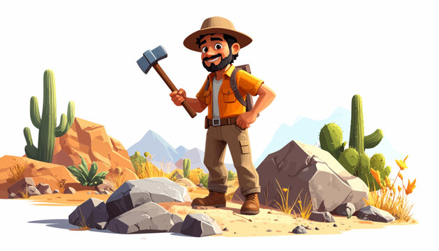 Cartoon man with a pickaxe standing.