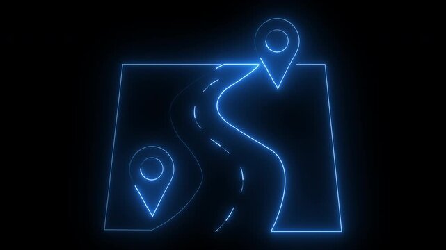 Neon map path animation with destination markers glowing blue lines on a black background for travel.