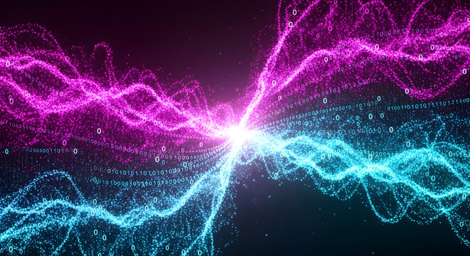 Intertwined Glowing Binary Code Waves in Pink and Blue, Futuristic Digital Data Flow