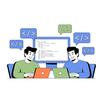 Software developers coding together on laptops flat