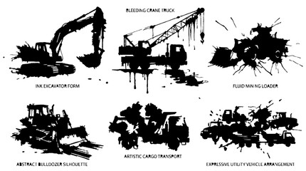 Obraz premium Set of abstract ink splat silhouette illustrations of heavy construction machinery.
