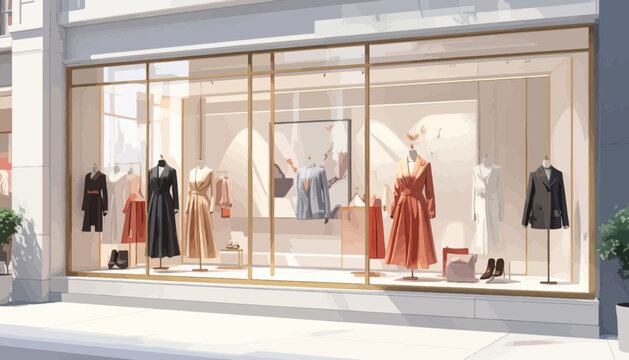 Fashion clothing store window display dresses.