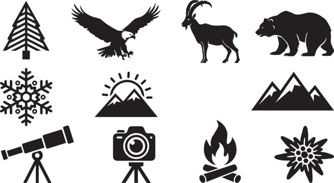 Black silhouettes of nature and outdoor adventure icons on white background