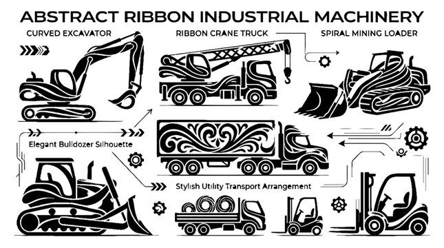 Set of abstract ribbon industrial machinery and construction vehicles.
