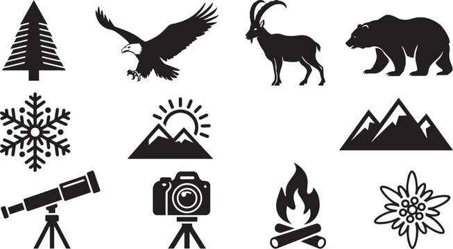 Black silhouettes of nature and outdoor recreation icons on white background