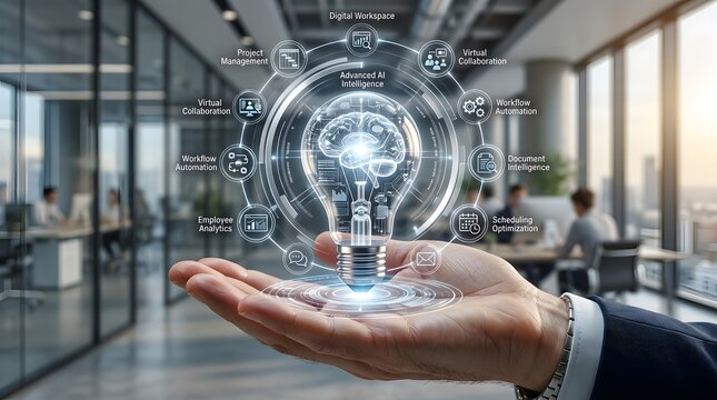 Hand Presenting Artificial Intelligence Ecosystem Futuristic Digital Illustration