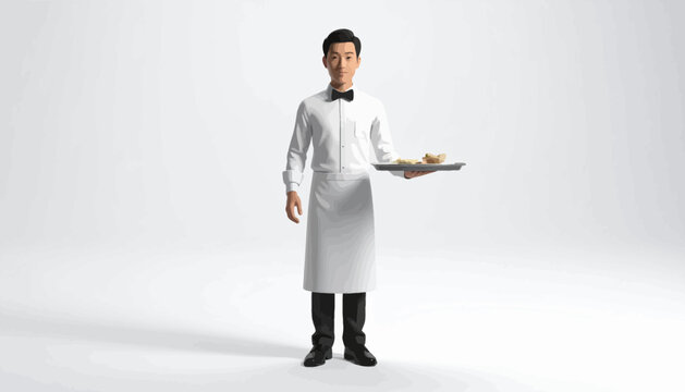 Young man wearing white apron holding tray.