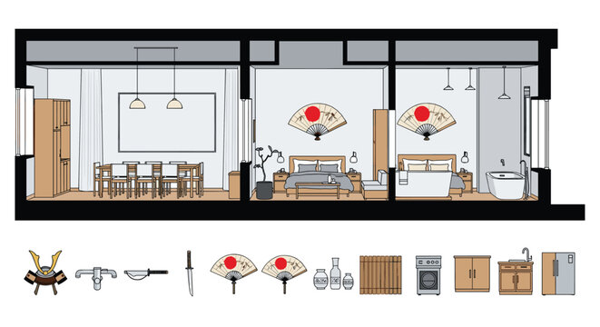 Interior cross-section of a traditional Japanese home shows dining, bedroom, and bathroom areas with cultural decorative elements.