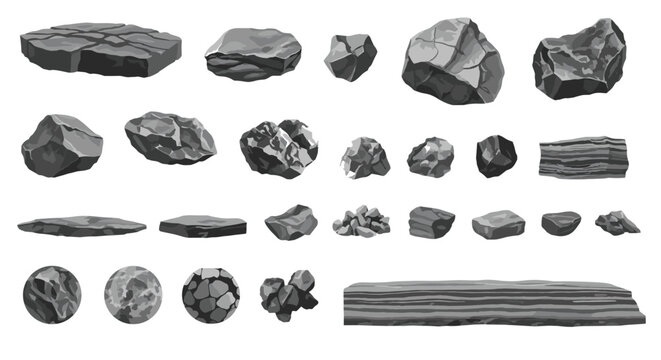 Collection of gray rock and stone illustrations in different shapes including boulders, slabs, and spheres for landscape design.