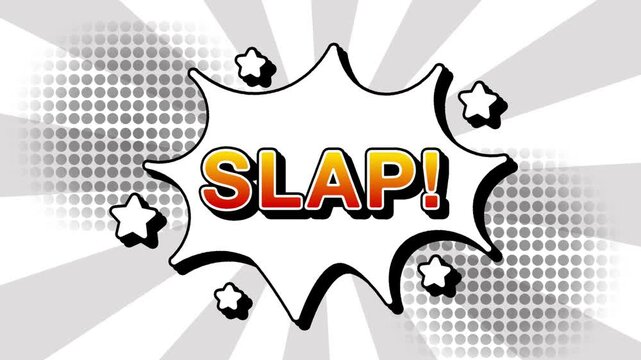 Slap text word lettering popup comic cartoon reveal with bomb and smoke explosion manga anime book page dots with radial speed lines doodle white background with seamless loop animation retro clip