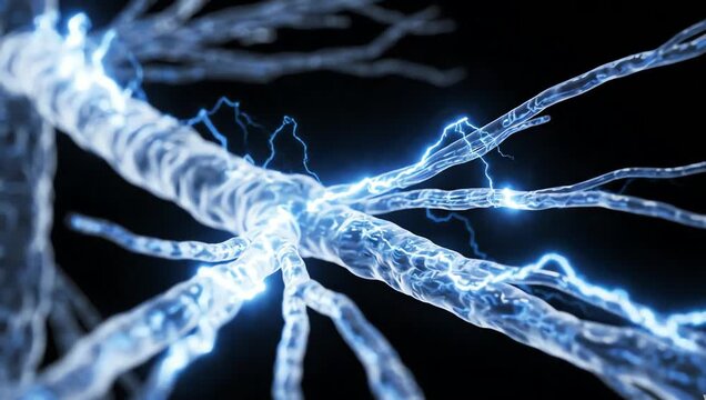 Glowing nerve signals traveling through transparent myelinated nerve fibers, smooth waves of bioelectric energy flowing through realistic nervous tissue