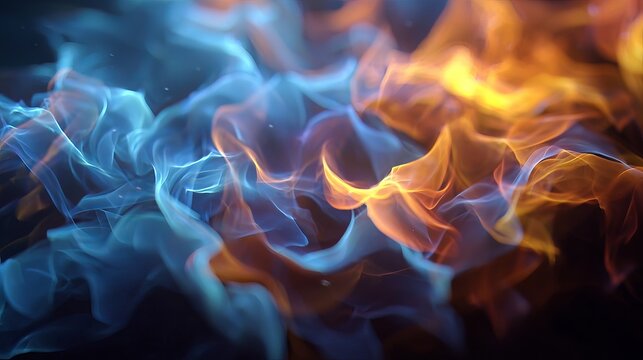 Vibrant blue and orange smoke swirls together in a dynamic dance of colorful energy against a soft dark blurred background