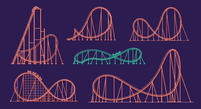 Comprehensive set of various roller coaster track designs featuring loops, drops, and twists against a dark purple night background.