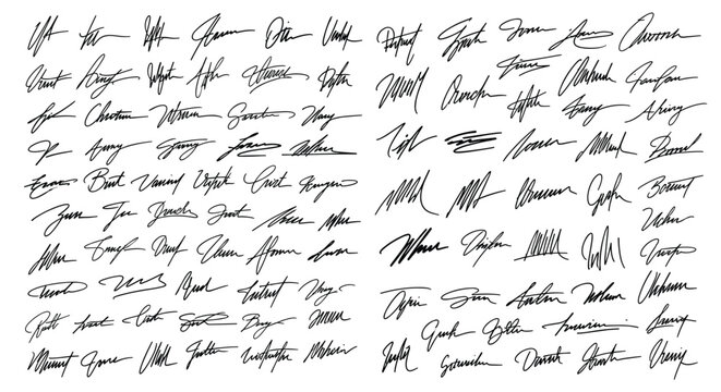 Large collection of various unique handwritten signatures written in black ink on a plain white background for verification themes.