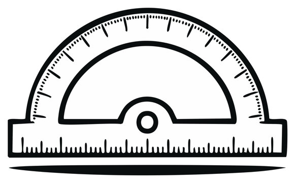 Illustration of a protractor tool for measuring angles in geometric figures in black and white.