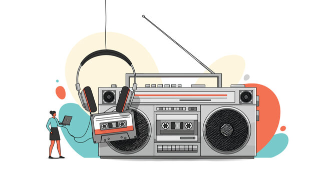 Stylized illustration of a vintage boombox with headphones and a cassette tape alongside a tiny person working on a laptop for music theme designs.