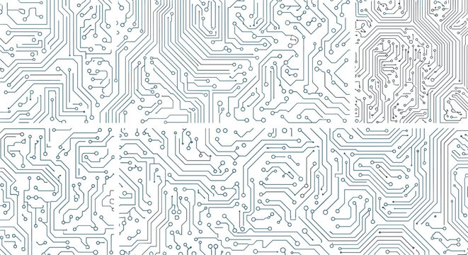 Intricate seamless pattern of a blue and white electronic circuit board for technology backgrounds and high tech hardware manufacturing concepts.