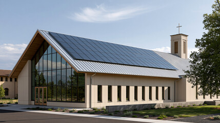 Obraz premium Modern church building with solar panel roof, architecture integrating sustainable technology for eco-friendly community concept, with copy space